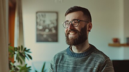 Canvas Print - A bearded man with glasses stands in a cozy, well-lit room, smiling warmly as he looks out the window. The background features houseplants and framed artwork.