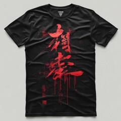 T-shirt with bold red calligraphy design on black fabric.