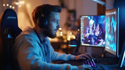 Poster - European man working from home in a modern office with dual monitors and coding software