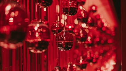 a wall with red glass red decorations in the form of balls hanging on it.