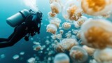 A scuba diver swimming among numerous jellyfish in the ocean, captured in an underwater scene that highlights the beauty and tranquility of marine life.