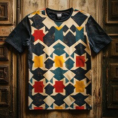 Wall Mural - T-shirt with geometric pattern design on rustic background.