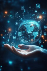 Poster - Hand holding a futuristic hologram of a global network with digital connections and data icons representing technology and innovation.