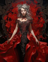 Wall Mural - Fantasy painting of a luxury dress, matt black red grunge background with shiny silver metallic baroque decorations