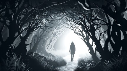 Wall Mural - Silhouette of a person walking into a bright light at the end of a dark forest path.