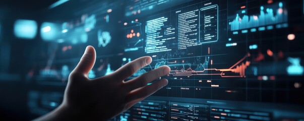 Poster - Hand interacting with futuristic holographic digital interface displaying financial data and analytics on large transparent screens