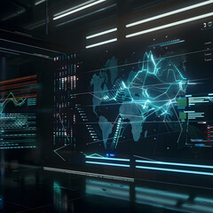 Futuristic Holographic Display with Data Streams and Graphs Glowing in a Dark Room Representing Cutting-Edge Technology