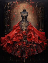 Wall Mural - Fantasy painting of a luxury dress, matt black red grunge background with shiny silver metallic baroque decorations