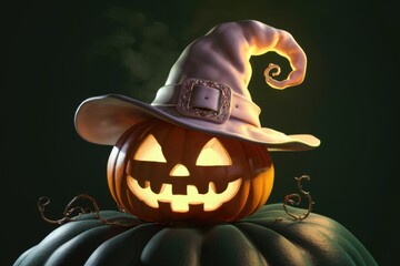 A glowing jackolantern wearing a witchs hat for Halloween.