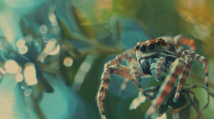 Close-up of a spider with intricate markings, sitting on a leaf with a blurred, colorful background, highlighting its detailed features and natural habitat.