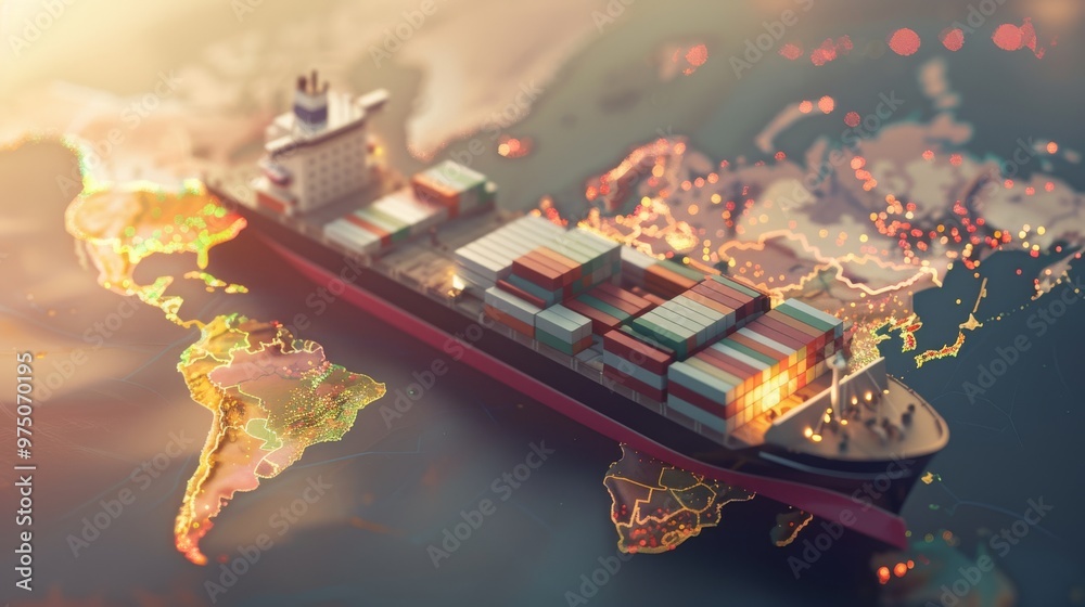 Container ship sailing across a digital, illuminated world map ...