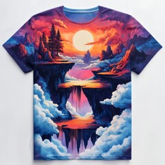 Wall Mural - T-shirt with vibrant landscape and sunset design.