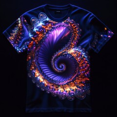 Sticker - T-shirt with vibrant fractal design in purple and orange.