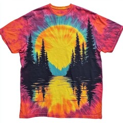 T-shirt with vibrant sunset and forest reflection design.