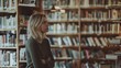 © VK Studio - A contemplative woman stands in a cozy library, surrounded by shelves filled with books, lost in thought amidst the tranquil ambiance.