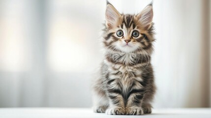   A kitten perched on white floor beside window with curtain