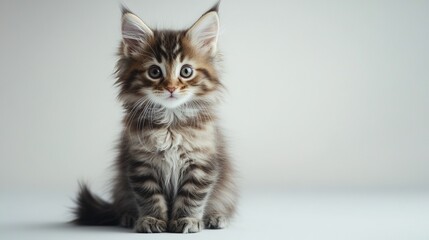 Wall Mural -   A brown and white kitten perched on a white floor beside a white wall, facing the camera