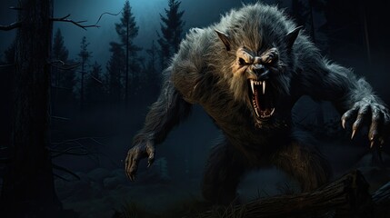 Poster - Werewolf in night forest, halloween scene