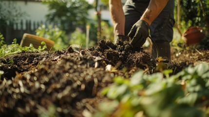 Wall Mural - A person is seen engaging in gardening, their hands buried in rich soil, reflecting dedication and connection to the earth amidst vibrant greenery.