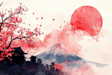 Japanese temple surrounded by cherry blossoms with a red sky and majestic mountain backdrop, capturing traditional architecture and serene nature