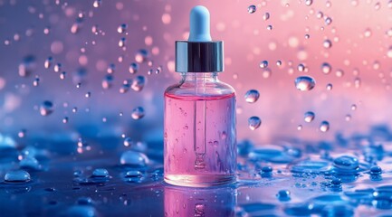 Wall Mural - Serene glass dropper bottle surrounded by colorful water droplets in soft lighting