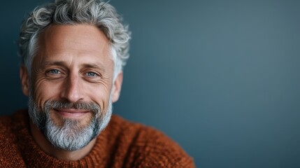 The man with gray hair exudes confidence and warmth in a brown sweater, providing a sense of relatability and friendliness with a sophisticated touch.