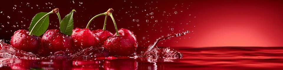 Wall Mural - A group of cherries is sprinkled with water and leaves.