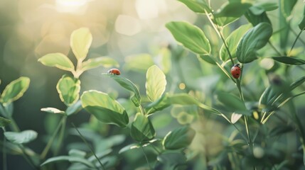 Poster - Delicate ladybugs perch on lush green leaves, basking in soft morning light in a serene and natural setting, evoking a sense of tranquility.