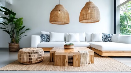 A modern living room bathed in natural light, featuring a white sectional sofa, wicker coffee table and decor, indoor plants, and large windows with greenery outside creating a serene atmosphere.