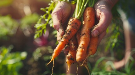 Sticker - Hands holding freshly harvested carrots, still with dirt, symbolizing organic farming and the connection between farmer and produce.