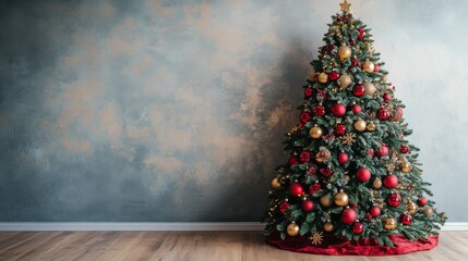 Wall Mural - Cozy holiday scene with a decorated Christmas tree in red and gold ornaments