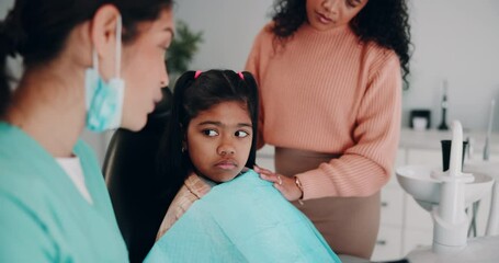 Poster - Woman, dentist and sad girl with mother for oral care, teeth hygiene and treatment or removal. Doctor, patient and parent on consultation for extraction at clinic on canal procedure or surgery