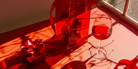 A glass of wine and a gift box with a red bow on a table by the window