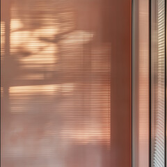 Poster - High-Rise Window Reflection with Smart Blinds in Urban Setting