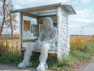 A life-sized figure made entirely of bubble wrap sits on a bench inside an old bus shelter located in a rural area, surrounded by fields and trees.