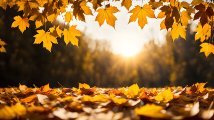 A blurry image of autumn leaves styled against a vibrant stage background in yellow and gold, autumn in Korea, ai