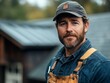 © c80 - A rugged man sporting a cap and work overalls stands beside a rustic cabin, exuding resilience and hard work, framed by a serene natural landscape.