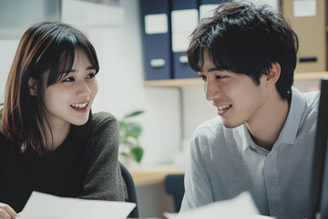 Wall Mural - Young Japanese man and woman in casual working together at an office desk