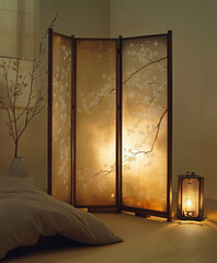 Wall Mural - japanese folding room divider, adorned with hand-painted cherry blossoms, gold leaf accents, placed 