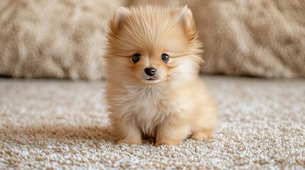   Small brown dog perched on white rugs atop carpet