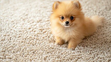   Small, brown dog on white carpet near wall, facing camera