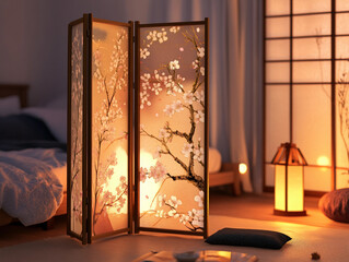 Wall Mural - japanese folding room divider, adorned with hand-painted cherry blossoms, gold leaf accents, placed 