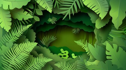 Paper cut out jungle scene with green leaves and a peek into the forest