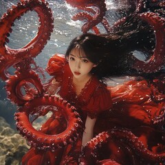 Canvas Print - Underwater scene with a girl and red octopus tentacles.