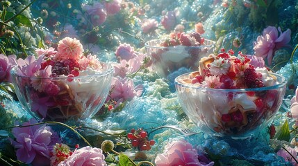 Canvas Print -   A close-up of a fruit bowl on a table with flowers in the back and strawberries in the foreground