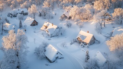 Wall Mural - Scenic Winter Village Covered in Snow at Sunrise with Frosty Trees and Cozy Cottages Image