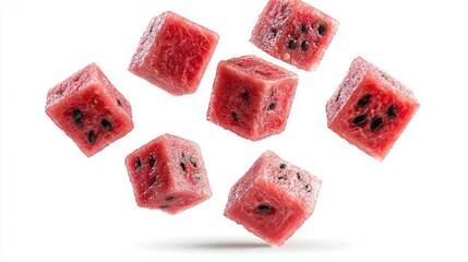 Wall Mural -  Watermelon dice in mid-air on a white backdrop, reflected in the dice