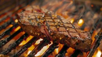 Close up of juicy steak grilling over flames on a barbecue grill