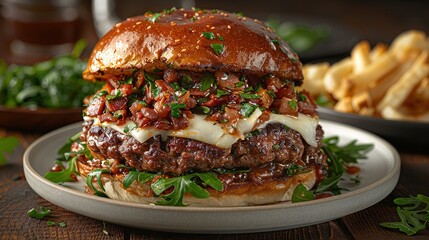   A close-up of a burger on a plate with French fries in the background and fries in the foreground