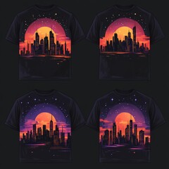 Wall Mural - Vibrant city skyline design on a black t-shirt.